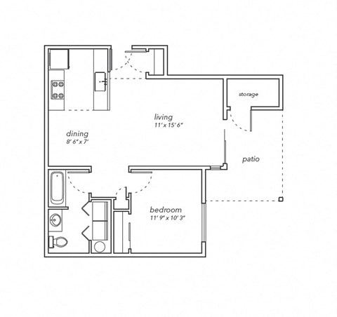 Floor plan for 1 bed, 1 bath, 682 sqft